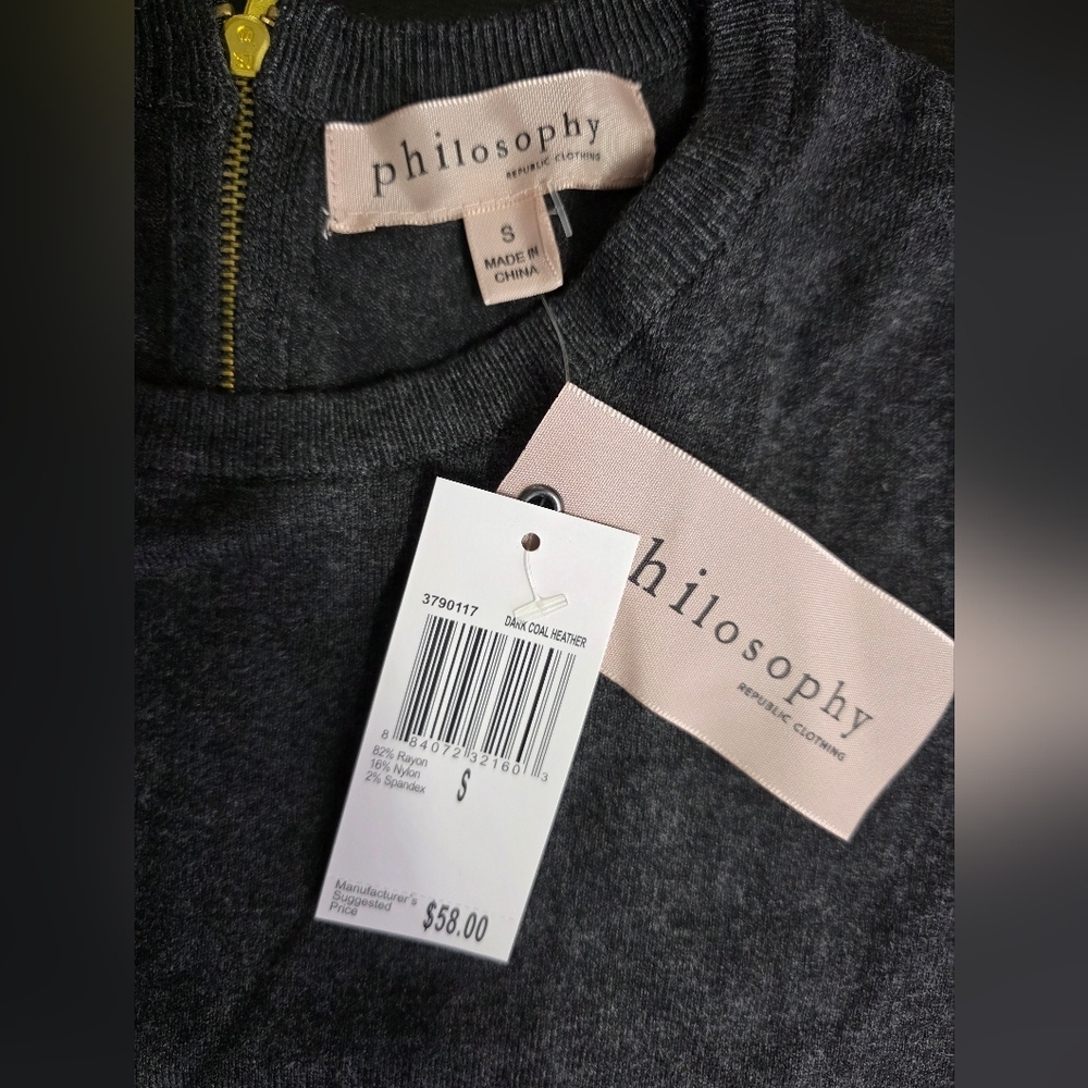 Nwt Philosophy Women's Crew Neck Sweater 3/4 Sleeve Pull Over Charcoal Gray Smal - Picture 12 of 16